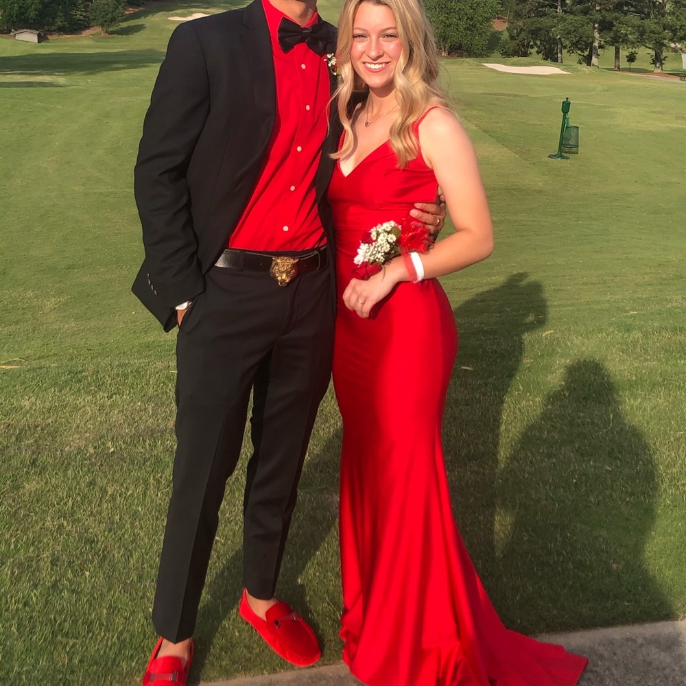 red satin simple prom dress